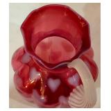 P - Vintage Fenton Glass Cranberry Opalescent Heart Optic Melon Pitcher