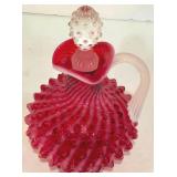P - Vintage Fenton Cranberry Opalescent Hobnail Glass Cruet with Stopper