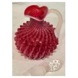 P - Vintage Fenton Cranberry Opalescent Hobnail Glass Cruet with Stopper