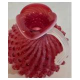 P - Vintage Fenton Cranberry Opalescent Hobnail Glass Cruet with Stopper