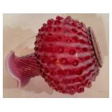 P - Vintage Fenton Cranberry Opalescent Hobnail Glass Cruet with Stopper