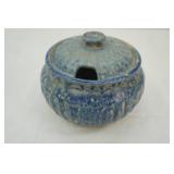 Stoneware Casserole with Lid and Slot for Spoon. (Spongeware?)