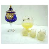 Vintage West Virginia Glass Co. Blendo Cocktail Pitcher Set; Vintage Bohemian/Czech? Cobalt Blue Enamel and Gold Gilt Lidded Chalice