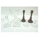 Vintage Candle Holders, Crystal, Wood, and Milk Glass