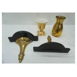 Vintage Brass Wall Shelves, Brass Vase, and Gold Gilt Type Ceramic Vase
