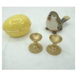 Ceramic Bird Figurine, Egg Trinket Box and Egg Stands