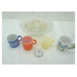 Vintage Frosted Glass Fruit Bowl and Vintage Coffee Cups