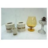 Vintage Ceramic Tissue Box Covers, Large Amber Colored Brandy Snifter, Antique Frosted Glass Oil Lamp And more