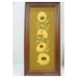 Vintage Framed Crewel Embroidery Wall Art Featuring Sunflowers