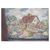 Framed Needlepoint Artwork. Country Cottage Scene