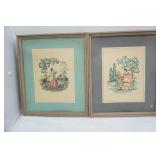 1940s Framed Lithograph Artworks. 10.25"x12.75"