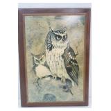 Vintage Richard Hinger "Screech Owl" Wood Framed Plaque Picture. 1970s