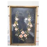 Vintage Framed Piece of Embroidered Textile. Pink & White Floral Motif.
