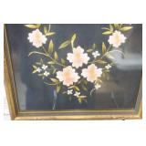 Vintage Framed Piece of Embroidered Textile. Pink & White Floral Motif.