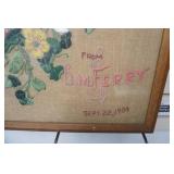 Vintage Crewel Embroidery Floral Design. Framed with glass.