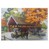 Vintage Crewel Embroidery Autumn Buggy Theme. Famed with glass.