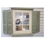 Green and White Distressed Wood Window Pane Mirror with Shutters