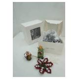 Christmas Decor Lot. Silver Painted Pine Cones, ornaments, ceramic angel trinket box