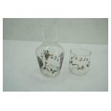 Hand painted glass bedside water decanter with a matching cup