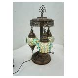 Handmade Turkish Mosaic Table Lamp with three globes and an antique bronze finish base