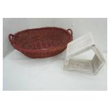 Vintage Red Wicker Basket & Wooden Decor Shaped like a House