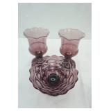 Vintage Viking Glass Amethyst Diamond Compote Bowl; Vintage Morgantown Purple Amethyst Hurricane Candle Holders