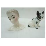Vintage Mid Century Modern Glamour Girl Head Vase; Vintage Ceramic French Bulldog Figurine