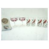 Libbey Red Cardinal Glasses (4ct); Ruby Champagne Glasses; Vintage Fenton hand-painted satin custard glass clock Cardinal Winter Scene