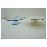 Vintage Ceramic Cake Plate Stand; Blue Glass Cake Plate Stand