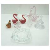 Vintage Iridescent Pink Opalescent Glass Basket; Fenton Glass Duck Figurine and more