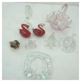 Vintage Iridescent Pink Opalescent Glass Basket; Fenton Glass Duck Figurine and more