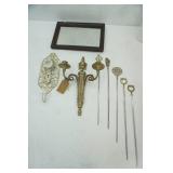 Vintage Mirror, Brass Wall Sconce, Vintage Brass Turkish Meat Skewers, Ornate Door Knob Wall Hook