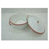 Vintage Enamelware Pot and Lid. Red and White