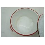 Vintage Enamelware Pot and Lid. Red and White