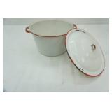 Vintage Enamelware Pot and Lid. Red and White