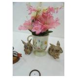 Vintage Owl Wall Hanging, Ceramic Bunnies, Hand-Painted Coffee Cup Flower Arrangement and More