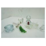 Clear Lucite Grapes, Clear Glass Long Neck Swan, Clear/red bubble glass owl figurine, glass iridescent seal, clear glass bird, puck candle holder