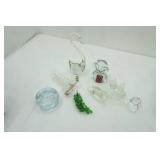 Clear Lucite Grapes, Clear Glass Long Neck Swan, Clear/red bubble glass owl figurine, glass iridescent seal, clear glass bird, puck candle holder
