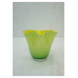 Ruffled Glass Vase 4.5" tall with a 5.5"diameter. Green and yellow