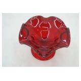 Vintage Fenton Ruby Red Glass Ruffled Thumbprint Pattern Candy Dish Compote