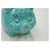 Glazed Ceramic Turquoise Blue Piggy Bank with a Floral Design (no stopper)
