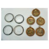 Vintage Silver-Plated Glass Starburst Coasters; Vintage Woodcroftery Wooden Framed Round Mini Prints