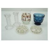 Glass Candleholders, Glass Flower Frogs, Vintage Viking Georgia Honeycomb Charcoal Blue Glass Tumbler, Vintage Butterfly and Wheat Candle Holder