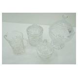 Vintage Anchor Hocking Prescut Clear Creamer and Sugar, Biscuit Barrel/Cookie Jar, and Vintage Shannon Crystal Candy Dish in the Freedom pattern