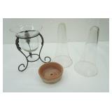 Model T type flower vases, glass and metal vase, Mexico Terracotta Planter Base