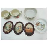 Vintage Huston Foods Soup Mugs 2ct, Hand-Painted Stoneware Bowls, Vintage Transferware made in Germany Baby Bowl, Vintage Wood Framed Oval Oil Painting Set 6.5"x5"