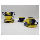 Blue, yellow, and green soup bowl mugs (6ct) and plates (7ct) 7.5" diameter