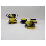 Blue, yellow, and green soup bowl mugs (6ct) and plates (7ct) 7.5" diameter