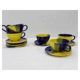 Blue, yellow, and green soup bowl mugs (6ct) and plates (7ct) 7.5" diameter