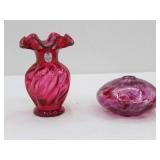 Fenton Country Cranberry Art Glass Vase; Purple Hand-Blown Orb Art Glass Vase